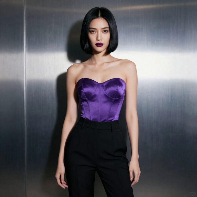 PremiumBio editorial portrait: a fictional adult muse with a glossy jet-black bob and deep plum lipstick, wearing a violet satin corset top against a brushed-steel studio wall